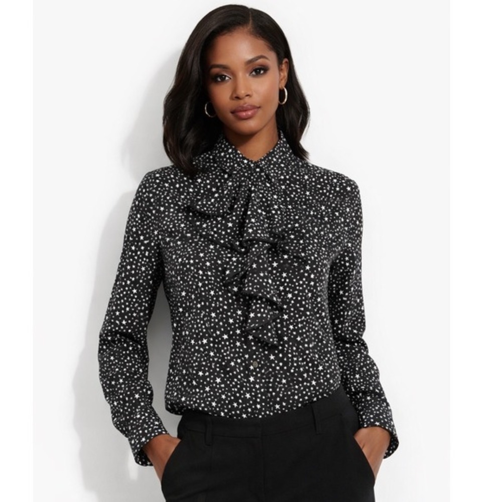 United Colors of Benetton Star Print Ruffle Blouse Black White Cotton M 80-51